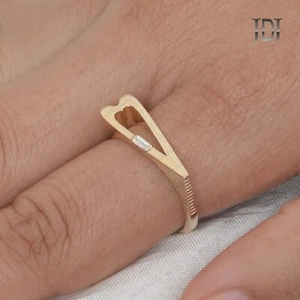 Solid 14k Yellow Gold Ring Natural Baguette Diamond Designer Fluted Heart Ring - Picture 1 of 14