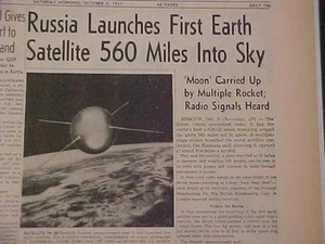 VINTAGE NEWSPAPER HEADLINES~ RUSSIA LAUNCHES 1st  SPACE SATELLITE SPUTNIK   1957 - Picture 1 of 5