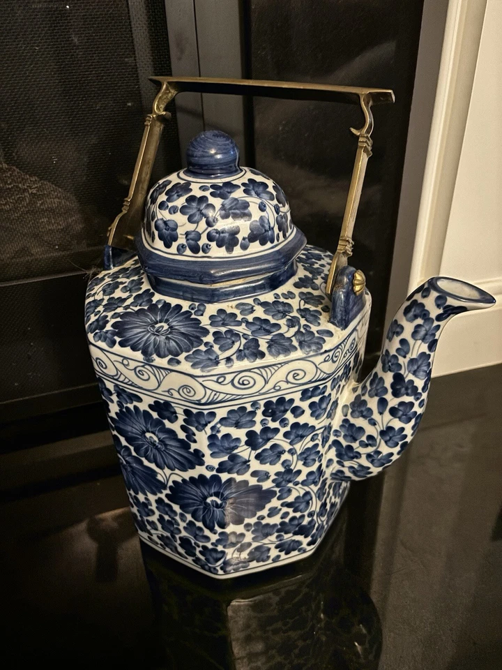 Vintage Chinese Hexagonal Blue & White Porcelain Tea Pot w/ Brass Handle - Image 1 of 3