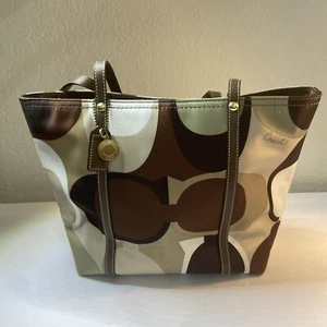 Coach Purse Op Art Sateen Tote 11116 Brown Gold Green - Picture 1 of 14