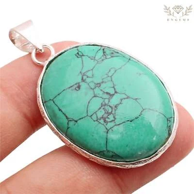 Turchese Gemma 925 Ciondolo Placcato Argento Handmade Gioielli Regalo 3.7cm - Immagine 1 di 3