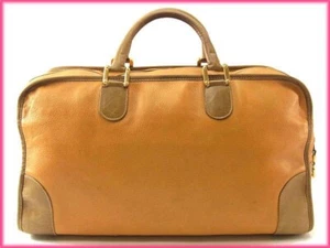 LOEWE Amazona Boston Bag Travel Light Brown Beige Gold Anagram Large Rare USED - Picture 1 of 7