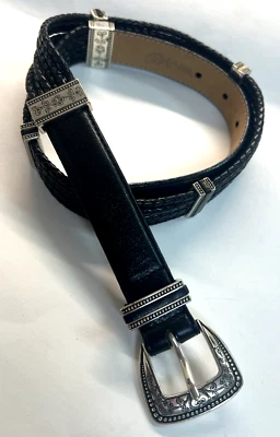 VTG Brighton Floral Silver Plate Multi Strand Black Leather Belt M/L 32 90s Y2K - Image 1 of 4