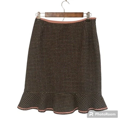 Harolds Wool Silk Polka Dot Brown Knee Length Skirt Ruffle Hem Size 4 - Image 1 of 4