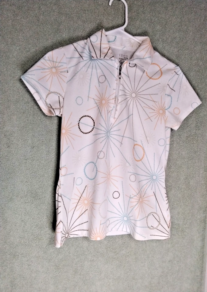 Camisa Polo Izod XFG Genial FX Para Mujer Talla XS Blanca Geométrica Cremallera Manga Corta Top Foto 1 de 4