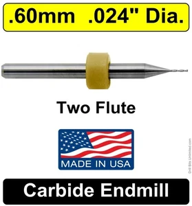 .024" 0.6mm End Mill Two Flute Carbide ONE Piece Made in USA .60mm UMT104 - Picture 1 of 5