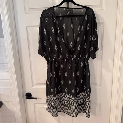 a.n.a Sheer Beach Cover-Up Caftan Black White  Elastic Tie waist 3x  Boho - Image 1 of 4