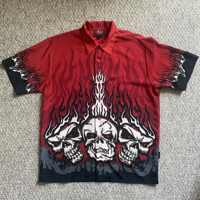 Dragonfly Shirt Mens Large L Flaming Skull Print Red Biker Skater Vintage Y2K - Image 1 of 4