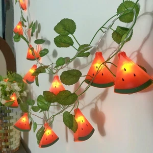 Red Watermelon Slice String Lights Flashing LED Watermelon Green Leaves Vine ... - Picture 1 of 9