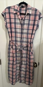 EUC Saks Fifth Avenue Sleevless Shirt Dress Cotton Linen Pink Blue Plaid Sz S - Picture 1 of 5