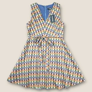 NWT ModCloth Dress Womens XL Multicolor Gingham Check Midi Fit Flare Retro Tie - Picture 1 of 14