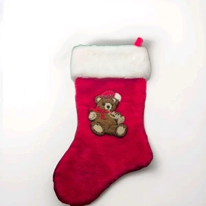 Oso de peluche vintage rojo 16" Navidad rojo blanco medias fieltro  - Imagen 1 de 3