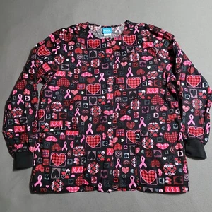 H.Q. SCRUB TOP Women's Black & Pink Breast Cancer Ribbons & Hearts Size MEDIUM - Picture 1 of 6