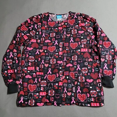H.Q. SCRUB TOP Women's Size MEDIUM Black & Pink Breast Cancer Ribbons & Hearts - Image 1 of 4