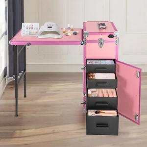 Rolling Manicure Table Nail Desk Travel Train Case Cosmetic Trolley & Speaker US - Picture 1 of 21