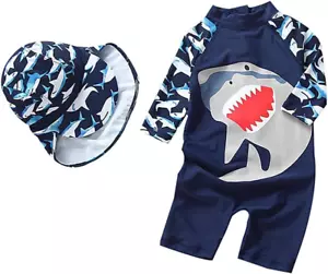 Baby Boys Kids Swimsuit One Piece Toddlers Zipper Bathing Suit Swimwear with Hat - Picture 1 of 12
