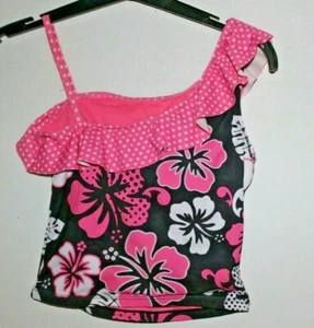 Justice Girls Sz 10 Swim Tankini Top Pink Tropical Floral Trim Lined Polka Dot - Picture 1 of 10