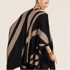 Chico's Vintage Charm Ruana Covering Shawl Wrap Black and Camel One Size NEW - Picture 1 of 6