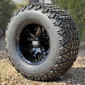 10″ Vampire Gloss Black Golf Cart Wheels & 20×10-10 DOT AT Tires SO4 & Lug Nuts - Picture 1 of 2