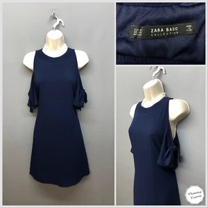 Zara Basic Collection Navy Short Cold Shoulder Dress XS Stretchy Tie Sleeve - Picture 1 of 12