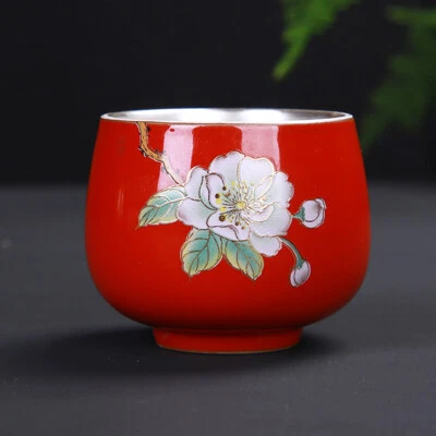 Taza de té de plata esterlina esmalte de porcelana exterior floral pintado debajo de las tazas esmaltadas Foto 1 de 4