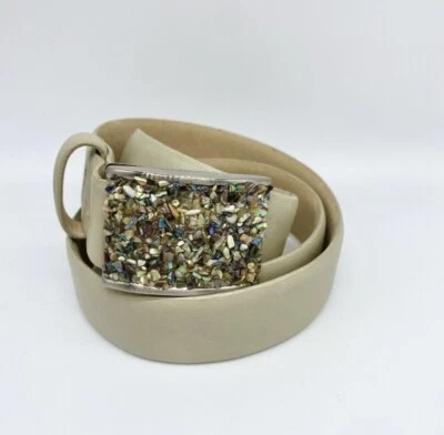 Cinturón vintage de cuero abulón con cuentas hebilla boho hippie concha años 80 costero Foto 1 de 3