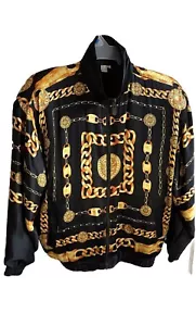 RARE! Vintage Fuda international silk black gold chain print unisex size: L - Picture 1 of 8
