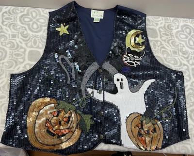 VTG The Quacker Factory Sequined Halloween Vest 1X Ghost Pumpkins Moon Black Cat - Image 1 of 4