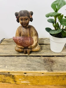 Vintage Hand Carved Wooden Sculpture of Asian Girl Holding Fish Wood Carving - Picture 1 of 12
