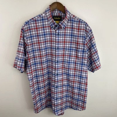 Cabela's Shirt Mens Large Red & Blue Plaid Short Sleeve Button Down 100% Cotton - Image 1 of 4