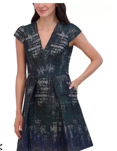 Vestido para mujer Vince Camuto verde jacquard manga gorra calce y acampanado talla 4 nuevo sin etiquetas - Imagen 1 de 12