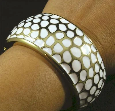 Gold White Enamel Raised Mesh Cells Hinged Spring Cuff Pewter Bangle Bracelet - Image 1 of 4