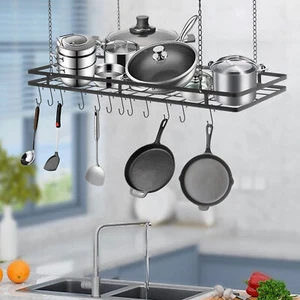 Hanging Pot Rack Kitchen Ceiling Mounted Pot Hangers w/ Hooks Black 80*40*5cm - Picture 1 of 20