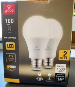 Globe LED Light Bulbs, 100 Watt, Warm Light, A19 Medium Base 2pk - Picture 1 of 2
