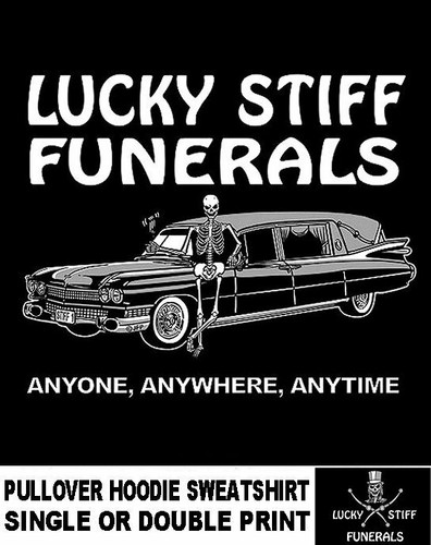COACH Felpa con cappuccio scheletro Lucky Stiff Funerals Anyone Anywhere Anytime Hearse