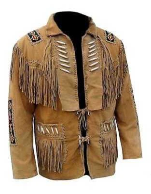 Men Western Cowboy Suede Fringe Jacket Native American Fringe Leather Jacket - Image 1 of 4