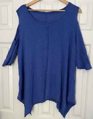 Blusa feminina 2X 2XL linho azul ombro frio malha mangas cotovelo 3/4 costuras expostas - Imagem 1 de 4