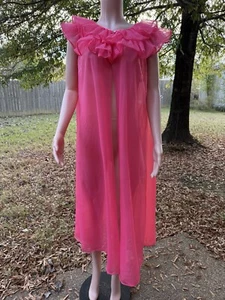 Vintage Sheer Chiffon Peignoir Pink Open Ruffled Layered Robe Medium Lingerie - Picture 1 of 12