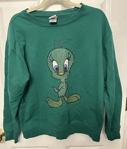 Looney Tunes TWEETY BIRD Green Sweatshirt Youth XL Rhinestones Sparkly Women’s M - Picture 1 of 5