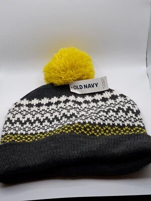 Sombrero Pom Pom de Invierno Tejido Gris Blanco Amarillo de Old Navy - Nuevo con Etiquetas - Talla Única Foto 1 de 4
