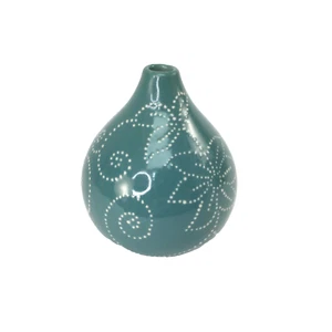 Crate and Barrel Blue Ceramic Stitch Flower Scroll Vase White Dots 4 1/2” Tall - Picture 1 of 12