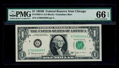 1963-B $1 Federal Reserve Note Chicago PMG GEM UNC 66 EPQ - Image 1 of 2