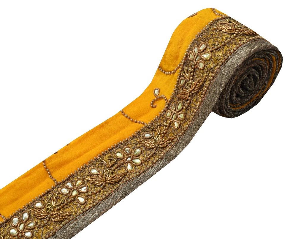 Sushila Vintage Yellow Saree Border Indian Craft Sewing Trim Hand Beaded Ribbon - Image 1 of 4