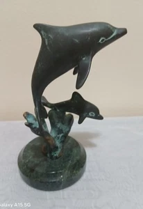 Dolphin Pair Brass Sculpture Green Marble Base - Picture 1 of 11