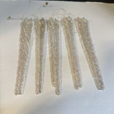 10 Hand Blown Glass Icicle Christmas Ornaments Clear with Gold Glitter - 7”