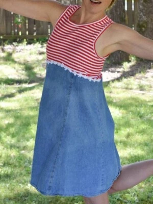 Vestido años 90 Grunge Fairy rojo rayas y denim apliques margarita My Michelle Foto 1 de 4