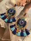 Latoir Fashion Blue Gold Drop Dangle Tassel Fringe Rhinestone Statement Earrings