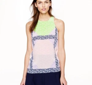J Crew Windowpane Floral Silk Neon Green Purple Patchwork Tank Sleeveless Size 6 - Picture 1 of 10