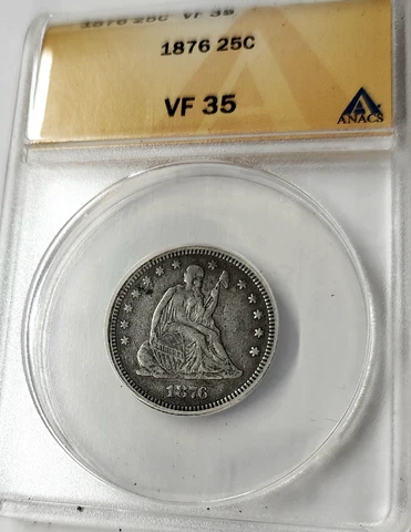 RARE 1876 Seated Liberty Quarter 25c VF-35 ANACS Early Quarter Amazing Det Cover