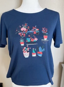 Christine Laure France Knit Shirt Taille 3 (Medium) Blue Floral 3/4 Sleeve Vtg - Picture 1 of 6